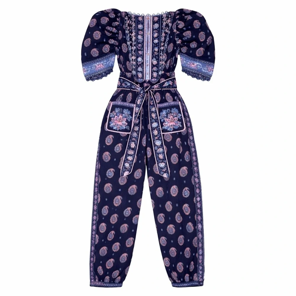 FARM Rio Printed Cotton Poplin Puff Sleeve Jumpsuit Navy Size Medium - Picture 2 of 9